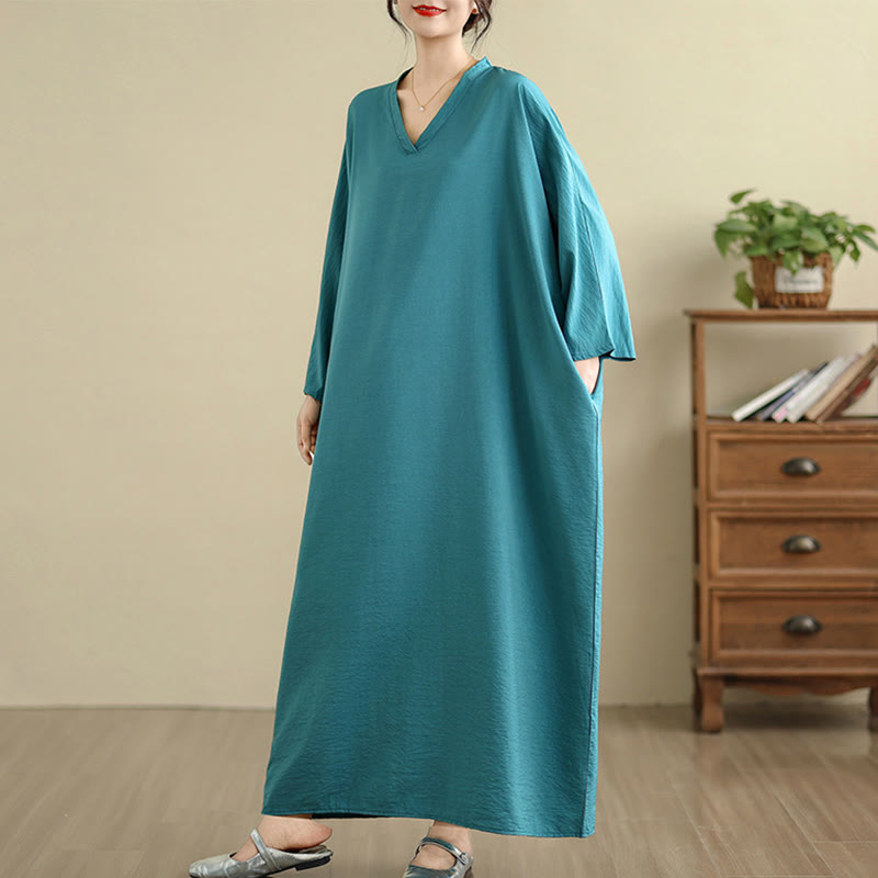 Buddha Stones Retro Casual Solid Color Long Sleeve Cotton Linen Maxi Dress With Pockets
