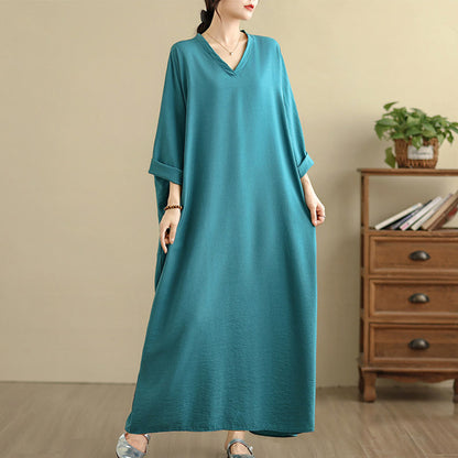 Buddha Stones Retro Casual Solid Color Long Sleeve Cotton Linen Maxi Dress With Pockets