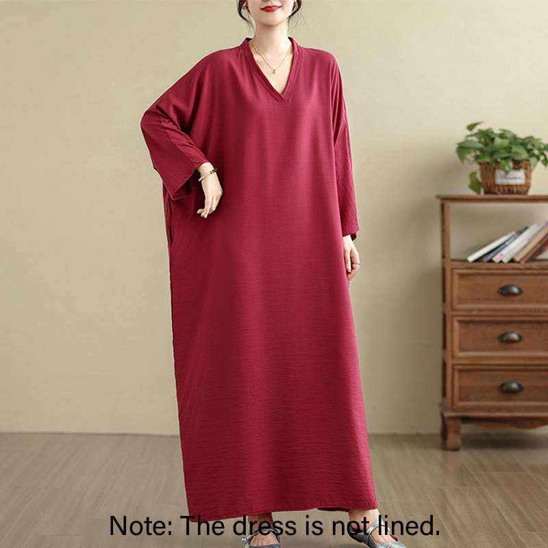 Buddha Stones Retro Casual Solid Color Long Sleeve Cotton Linen Maxi Dress With Pockets