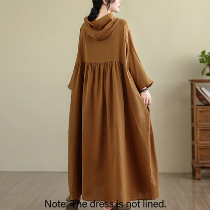 Buddha Stones Fall Hoodie Design Long Sleeve Cotton Linen Midi Dress With Pockets