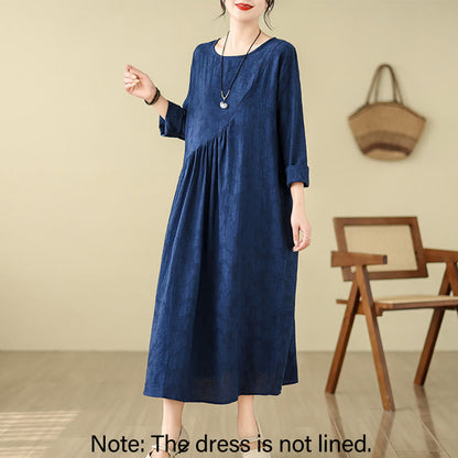 Buddha Stones Plain Jacquard Flower Irregular Long Sleeve Cotton Linen Midi Dress With Pockets