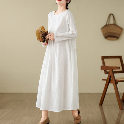 Buddha Stones Plain Jacquard Flower Irregular Long Sleeve Cotton Linen Midi Dress With Pockets