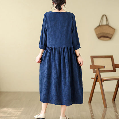 Buddha Stones Plain Jacquard Flower Irregular Long Sleeve Cotton Linen Midi Dress With Pockets