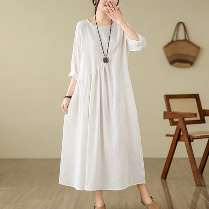 Buddha Stones Plain Jacquard Flower Irregular Long Sleeve Cotton Linen Midi Dress With Pockets