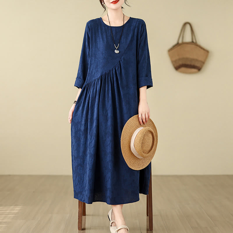 Buddha Stones Plain Jacquard Flower Irregular Long Sleeve Cotton Linen Midi Dress With Pockets