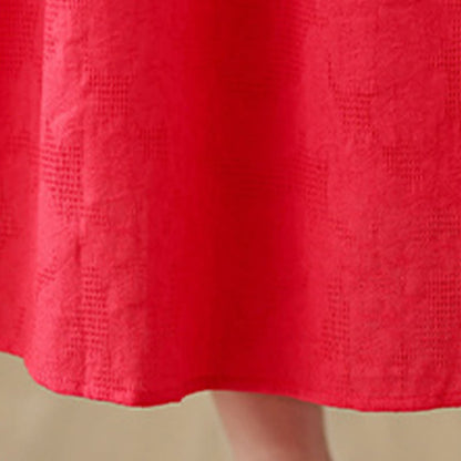 Buddha Stones Plain Jacquard Flower Irregular Long Sleeve Cotton Linen Midi Dress With Pockets