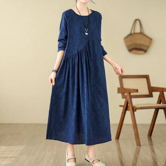 Buddha Stones Plain Jacquard Flower Irregular Long Sleeve Cotton Linen Midi Dress With Pockets