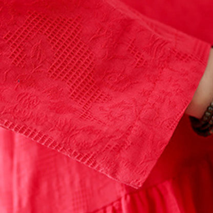 Buddha Stones Plain Jacquard Flower Irregular Long Sleeve Cotton Linen Midi Dress With Pockets