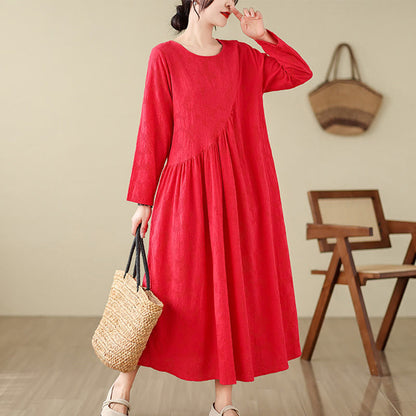 Buddha Stones Plain Jacquard Flower Irregular Long Sleeve Cotton Linen Midi Dress With Pockets