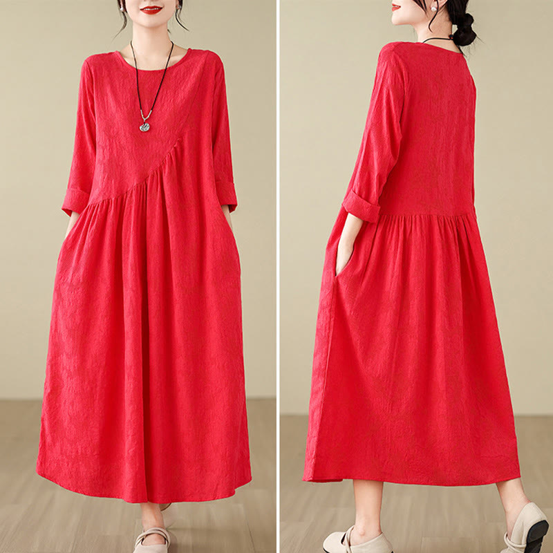 Buddha Stones Plain Jacquard Flower Irregular Long Sleeve Cotton Linen Midi Dress With Pockets