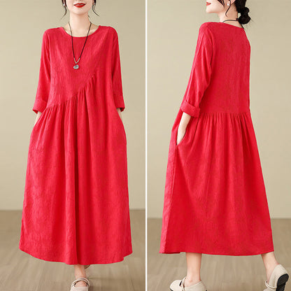 Buddha Stones Plain Jacquard Flower Irregular Long Sleeve Cotton Linen Midi Dress With Pockets