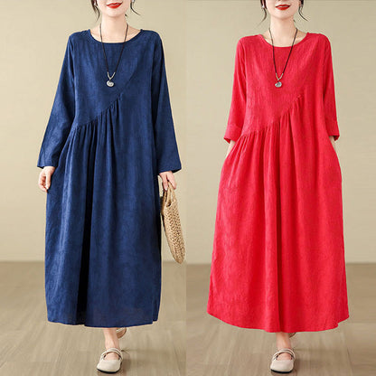 Buddha Stones Plain Jacquard Flower Irregular Long Sleeve Cotton Linen Midi Dress With Pockets