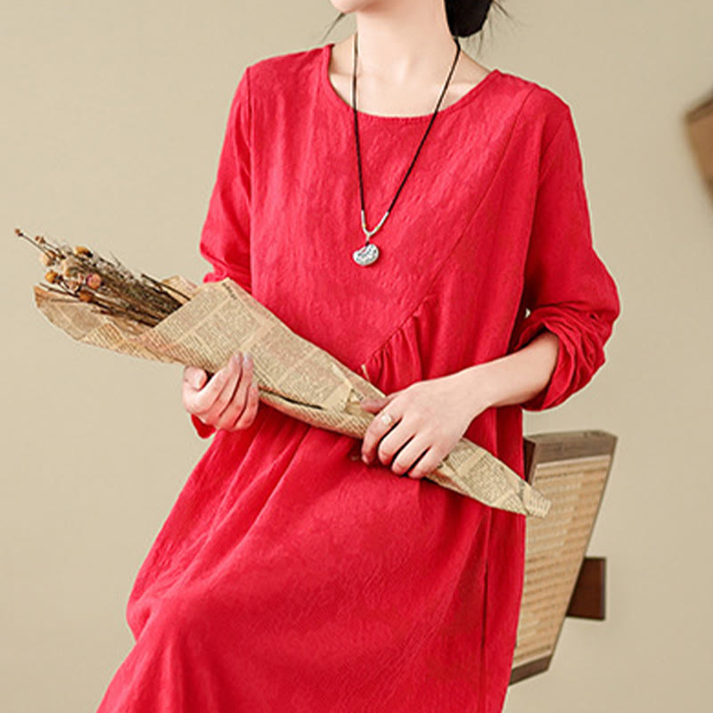Buddha Stones Plain Jacquard Flower Irregular Long Sleeve Cotton Linen Midi Dress With Pockets