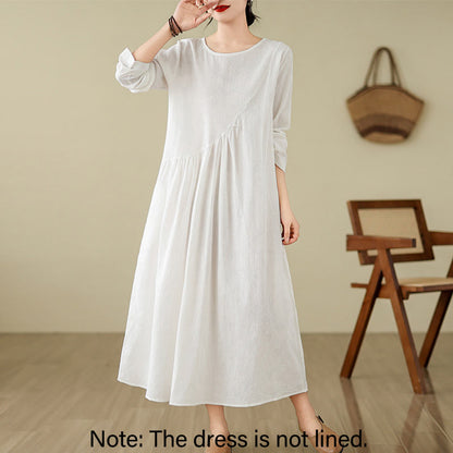 Buddha Stones Plain Jacquard Flower Irregular Long Sleeve Cotton Linen Midi Dress With Pockets