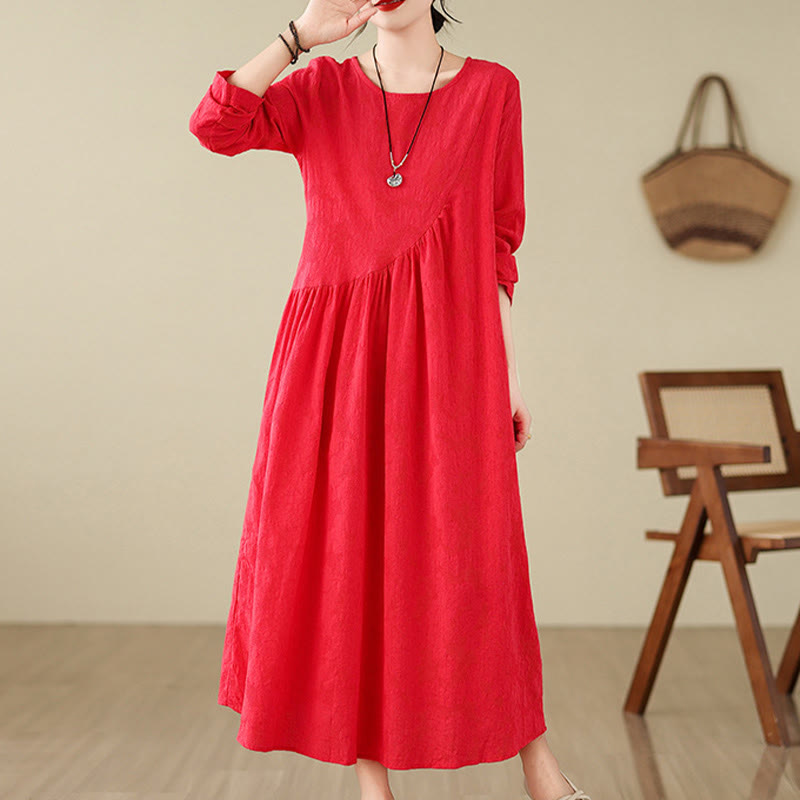 Buddha Stones Plain Jacquard Flower Irregular Long Sleeve Cotton Linen Midi Dress With Pockets
