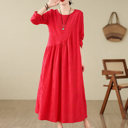 Buddha Stones Plain Jacquard Flower Irregular Long Sleeve Cotton Linen Midi Dress With Pockets