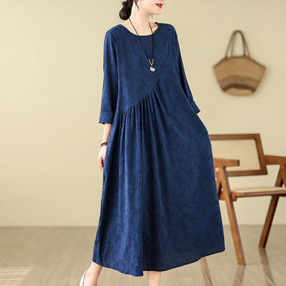 Buddha Stones Plain Jacquard Flower Irregular Long Sleeve Cotton Linen Midi Dress With Pockets