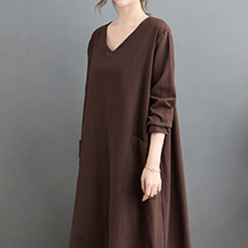 Buddha Stones Fall Casual Simple Design Long Sleeve Cotton Linen Maxi Dress With Pockets