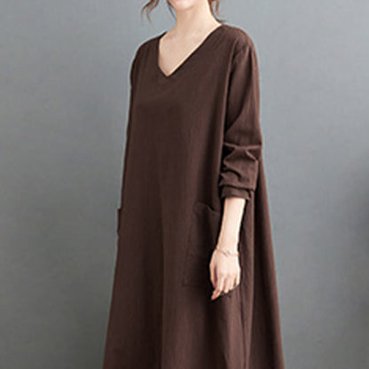 Buddha Stones Fall Casual Simple Design Long Sleeve Cotton Linen Maxi Dress With Pockets