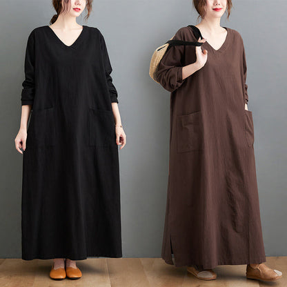 Buddha Stones Fall Casual Simple Design Long Sleeve Cotton Linen Maxi Dress With Pockets