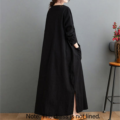 Buddha Stones Fall Casual Simple Design Long Sleeve Cotton Linen Maxi Dress With Pockets