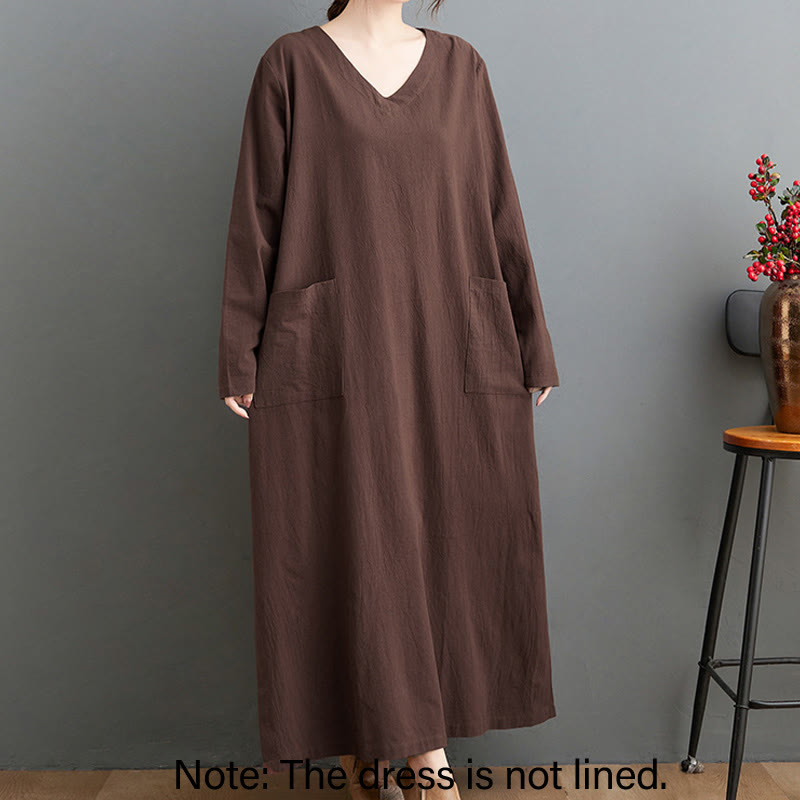 Buddha Stones Fall Casual Simple Design Long Sleeve Cotton Linen Maxi Dress With Pockets