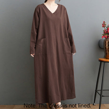 Buddha Stones Fall Casual Simple Design Long Sleeve Cotton Linen Maxi Dress With Pockets