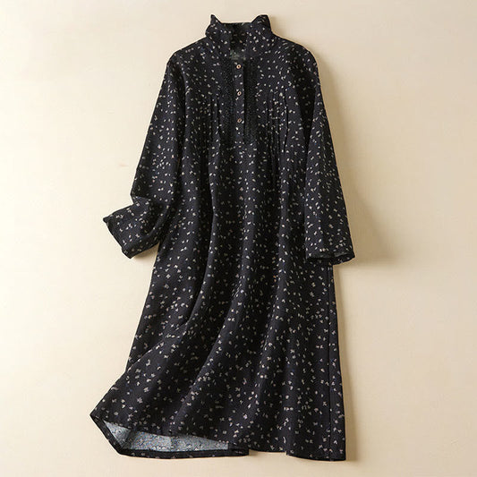 Buddha Stones Printing Buttons Lace Lapel Design Cotton Linen Long Sleeve Midi Dress With Pockets