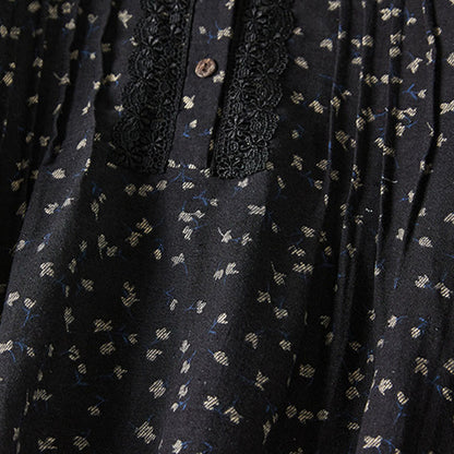 Buddha Stones Printing Buttons Lace Lapel Design Cotton Linen Long Sleeve Midi Dress With Pockets