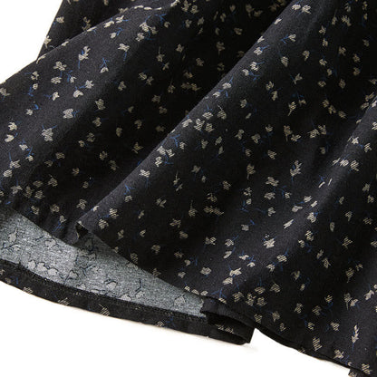Buddha Stones Printing Buttons Lace Lapel Design Cotton Linen Long Sleeve Midi Dress With Pockets