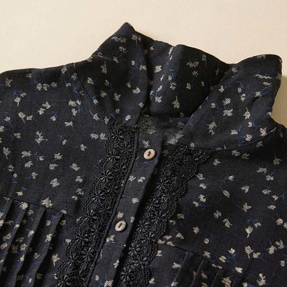 Buddha Stones Printing Buttons Lace Lapel Design Cotton Linen Long Sleeve Midi Dress With Pockets