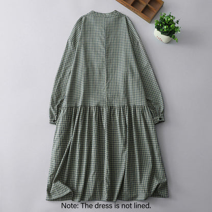 Buddha Stones Casual Plaid Buttons Lantern Long Sleeve Cotton Midi Dress