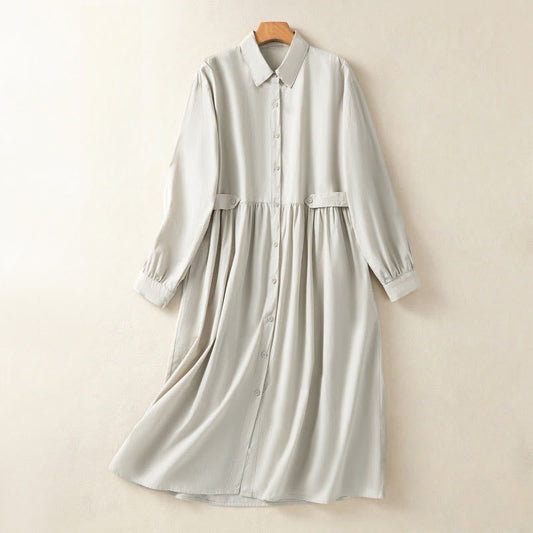 Buddha Stones Casual Plaid Pleats Buttons Design Long Sleeve Cotton Midi Dress With Pockets