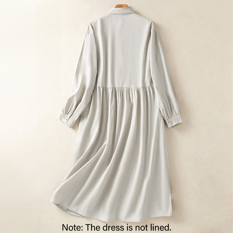 Buddha Stones Casual Plaid Pleats Buttons Design Long Sleeve Cotton Midi Dress With Pockets