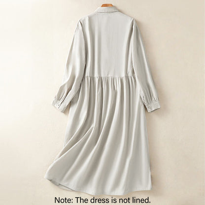 Buddha Stones Casual Plaid Pleats Buttons Design Long Sleeve Cotton Midi Dress With Pockets