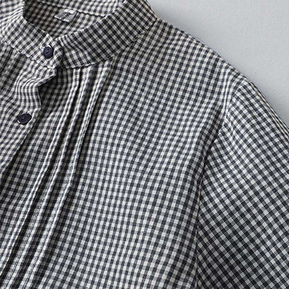 Buddha Stones Casual Plaid Pattern Long Lantern Sleeve Cotton Linen Midi Dress With Pockets