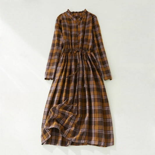Buddha Stones Plaid Ruffled V-Neck Long Sleeve Drawstring Cotton Linen Midi Dress With Pockets