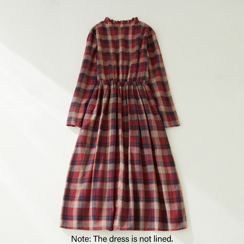 Buddha Stones Plaid Ruffled V-Neck Long Sleeve Drawstring Cotton Linen Midi Dress With Pockets