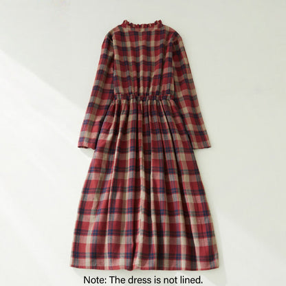 Buddha Stones Plaid Ruffled V-Neck Long Sleeve Drawstring Cotton Linen Midi Dress With Pockets