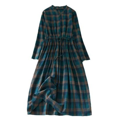 Buddha Stones Plaid Ruffled V-Neck Long Sleeve Drawstring Cotton Linen Midi Dress With Pockets