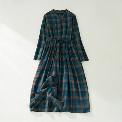 Buddha Stones Plaid Ruffled V-Neck Long Sleeve Drawstring Cotton Linen Midi Dress With Pockets