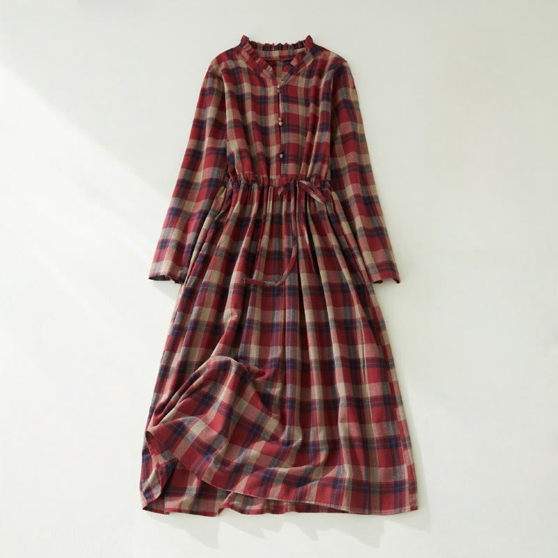 Buddha Stones Plaid Ruffled V-Neck Long Sleeve Drawstring Cotton Linen Midi Dress With Pockets