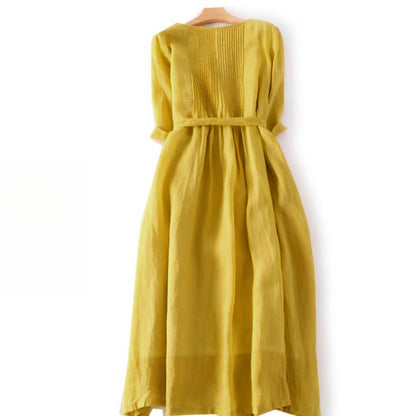 Buddha Stones Casual Lace-up Plain Crew Neck Half Sleeve Cotton Midi Dress With Pockets