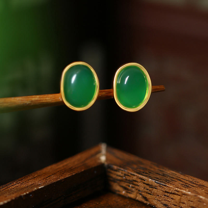 Buddha Stones 925 Sterling Silver Golden Green Chalcedony Strength Earrings