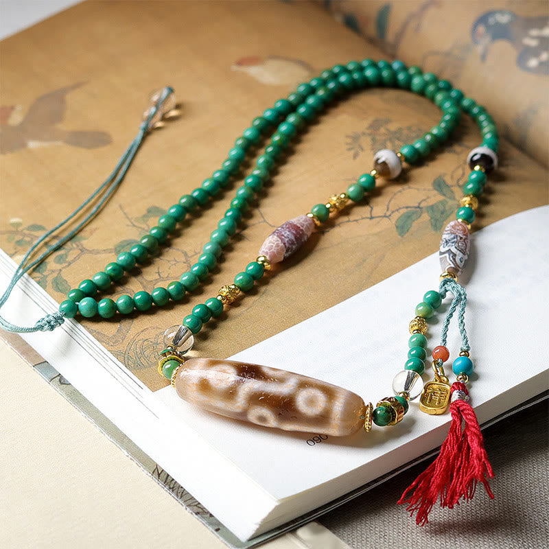 Buddha Stones Tibet Dzi Bead Turquoise Bead Chain Protection Necklace Pendant