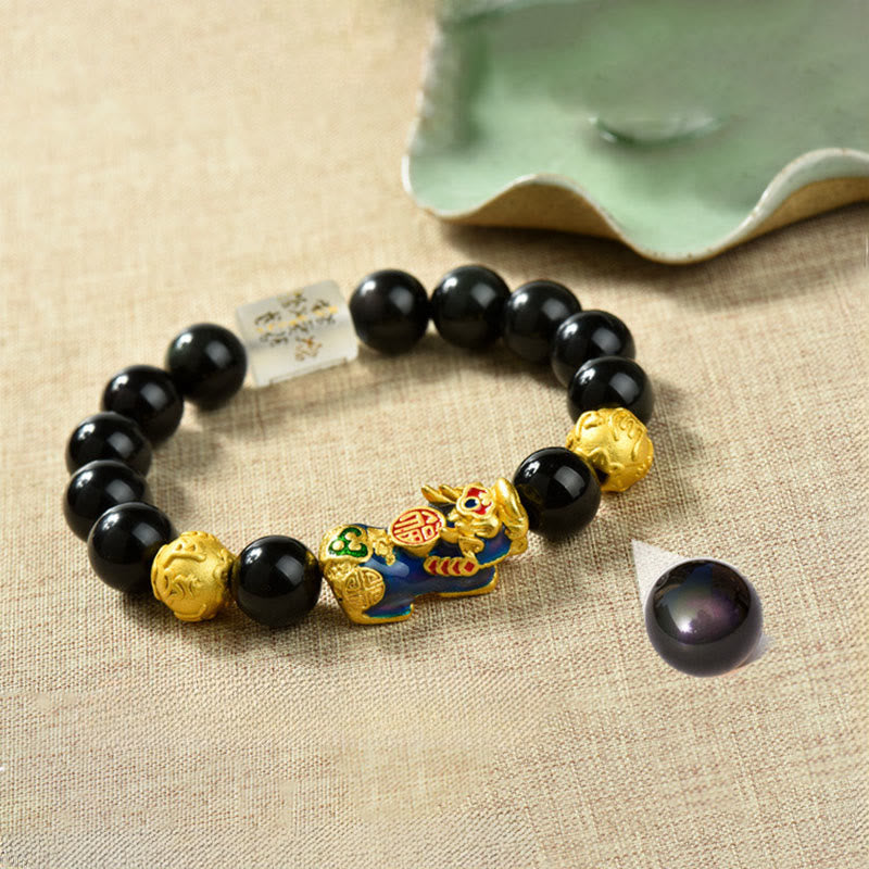 Buddha Stones Fengshui Copper Pixiu Rainbow Obsidian Beads Wealth Bracelet