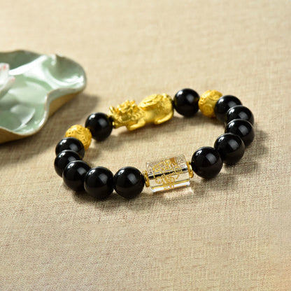 Buddha Stones Fengshui Copper Pixiu Rainbow Obsidian Beads Wealth Bracelet