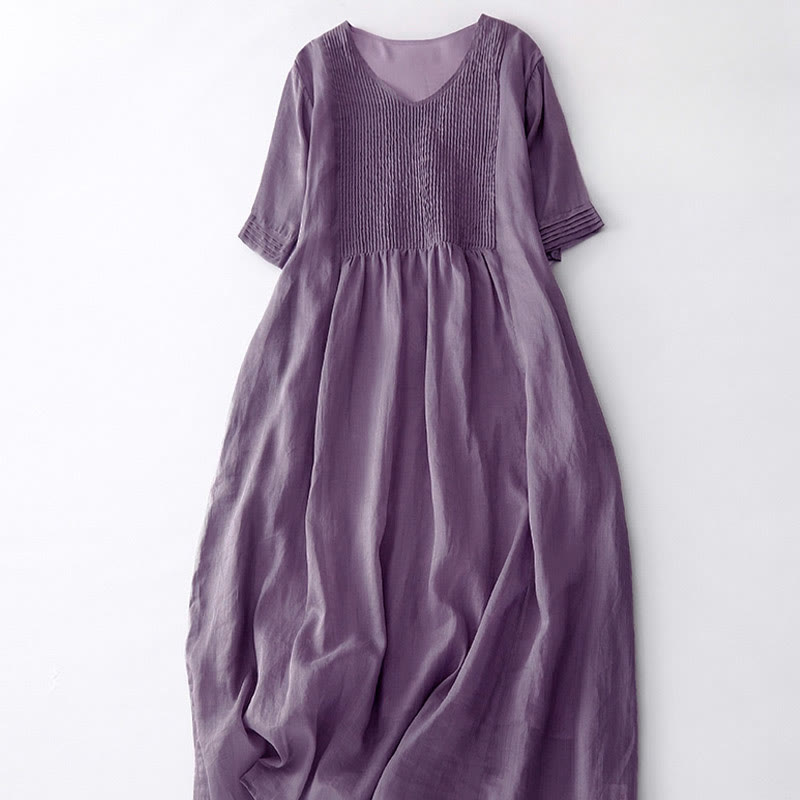 Buddha Stones Casual Accordion Pleat Plain V-neck Short Sleeve Cotton Midi Dress With Pockets