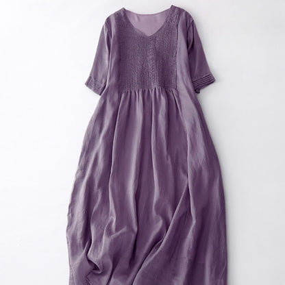 Buddha Stones Casual Accordion Pleat Plain V-neck Short Sleeve Cotton Midi Dress With Pockets