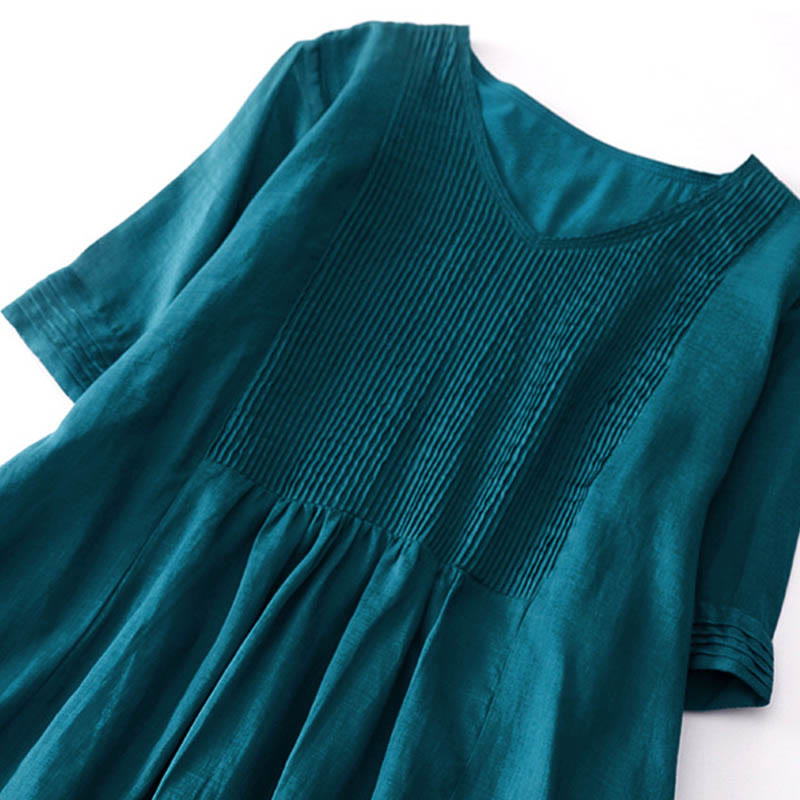 Buddha Stones Casual Accordion Pleat Plain V-neck Short Sleeve Cotton Midi Dress With Pockets